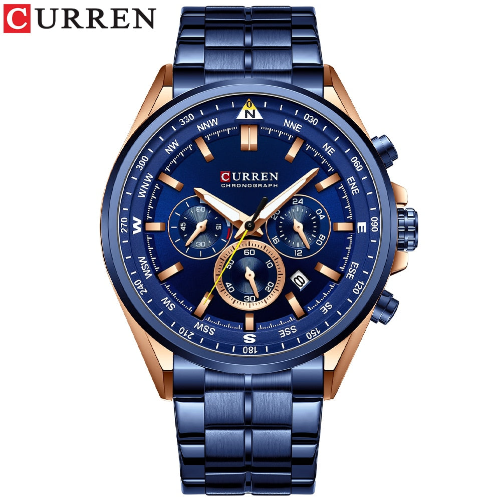 CURREN Men Quartz Wristwatches Luxury Brand Sporty Chronograph Watches with 316 Stainless Steel Luminous Hands Male Clock Black - Montres Curren Paris©