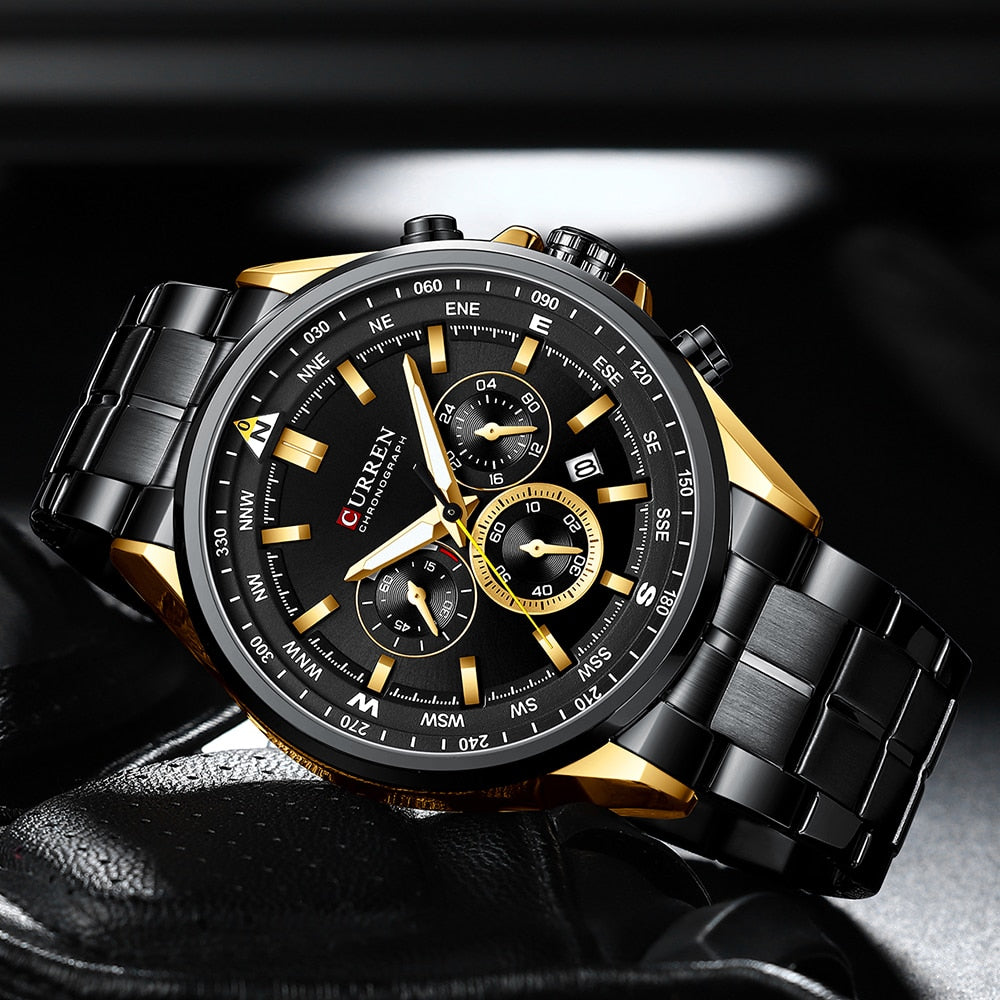 CURREN Men Quartz Wristwatches Luxury Brand Sporty Chronograph Watches with 316 Stainless Steel Luminous Hands Male Clock Black - Montres Curren Paris©