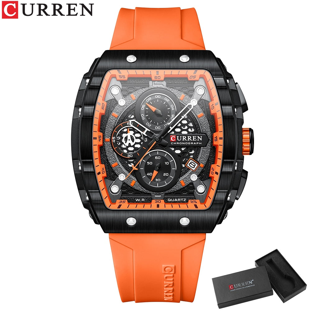 Montre Curren Chrono Fictif Style Militaire - Boîtier Noir 48mm, Bracelet Bund Marron, Occasion Comme Neuve