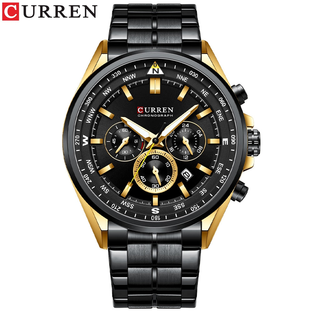 CURREN Men Quartz Wristwatches Luxury Brand Sporty Chronograph Watches with 316 Stainless Steel Luminous Hands Male Clock Black - Montres Curren Paris©