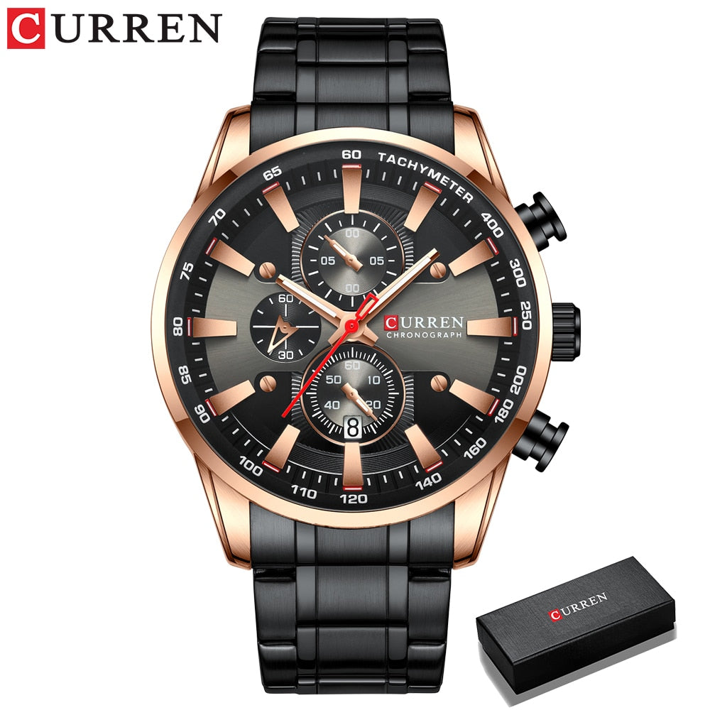 CURREN Man Watches Luxury Sporty Chronograph Wristwatches for Men Quartz Stainless Steel Band Clock Luminous Hands - Montres Curren Paris©