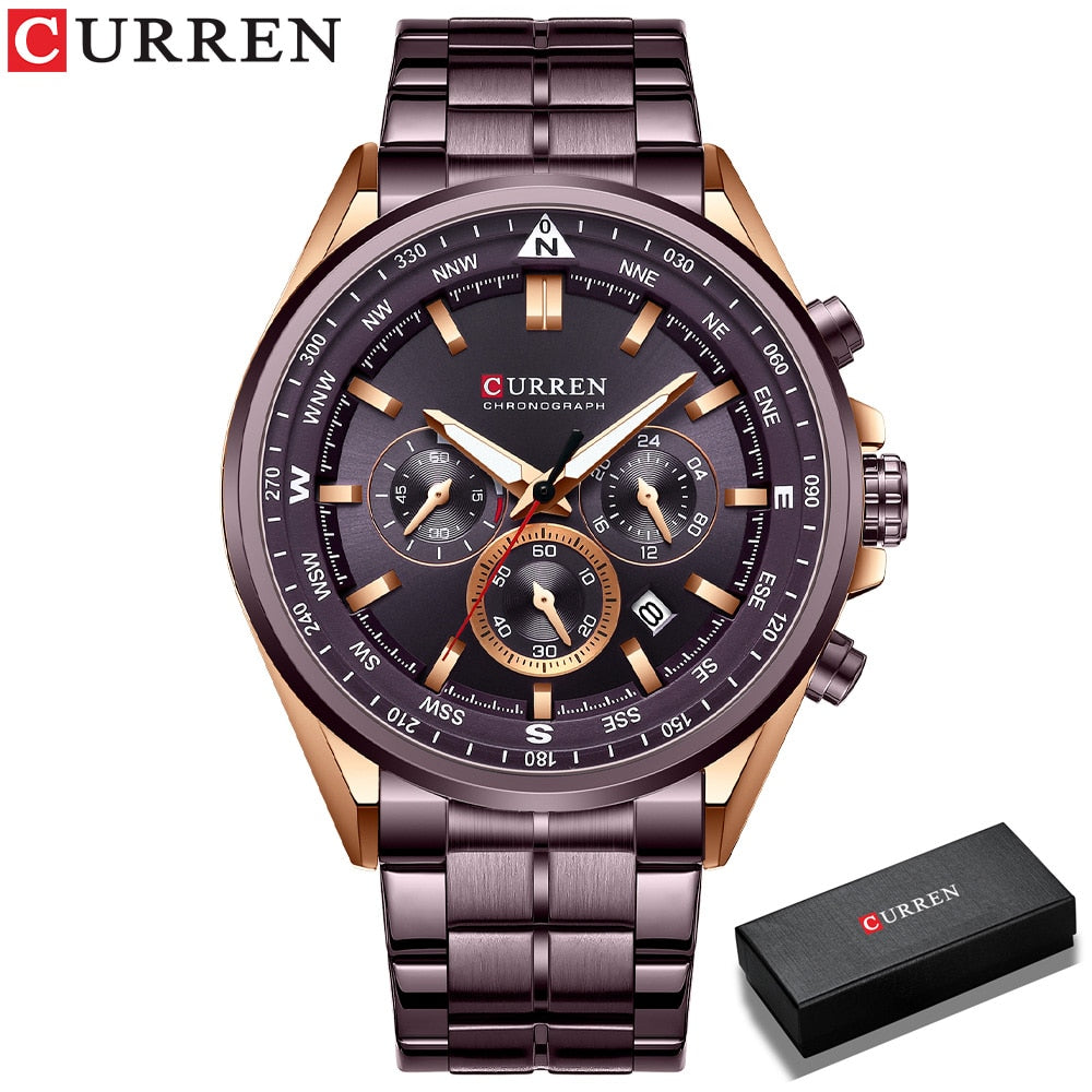 CURREN Men Quartz Wristwatches Luxury Brand Sporty Chronograph Watches with 316 Stainless Steel Luminous Hands Male Clock Black - Montres Curren Paris©