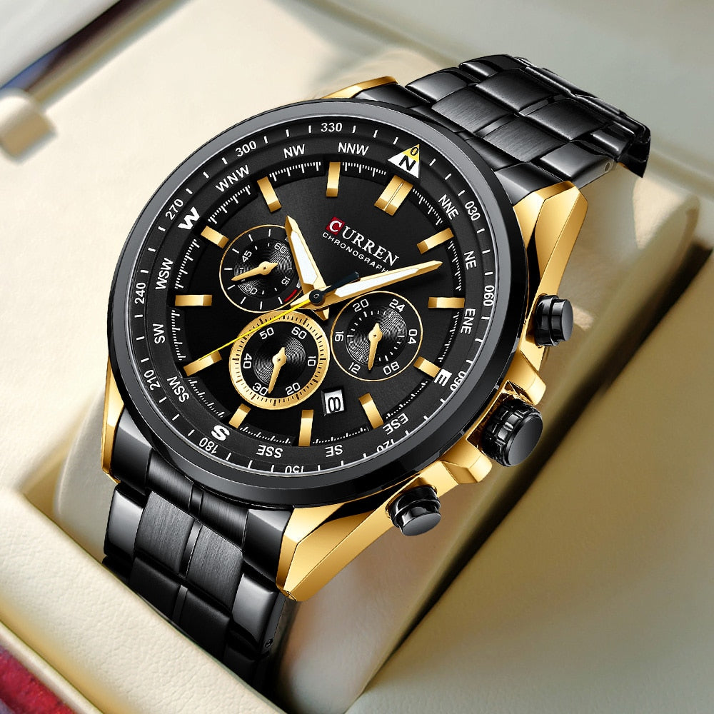 CURREN Men Quartz Wristwatches Luxury Brand Sporty Chronograph Watches with 316 Stainless Steel Luminous Hands Male Clock Black - Montres Curren Paris©