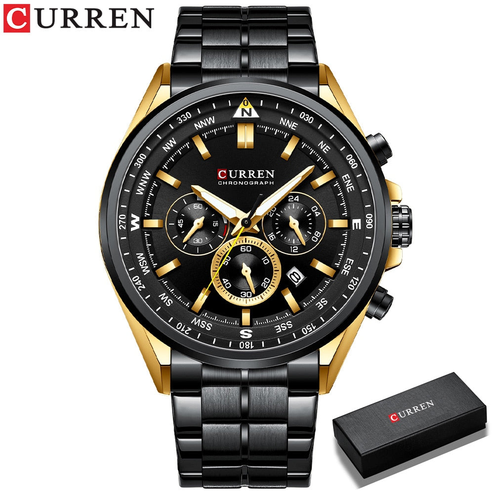 CURREN Men Quartz Wristwatches Luxury Brand Sporty Chronograph Watches with 316 Stainless Steel Luminous Hands Male Clock Black - Montres Curren Paris©