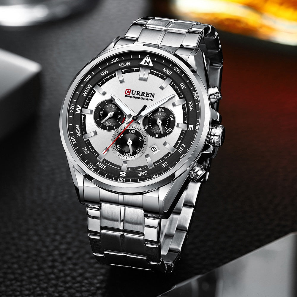 CURREN Men Quartz Wristwatches Luxury Brand Sporty Chronograph Watches with 316 Stainless Steel Luminous Hands Male Clock Black - Montres Curren Paris©