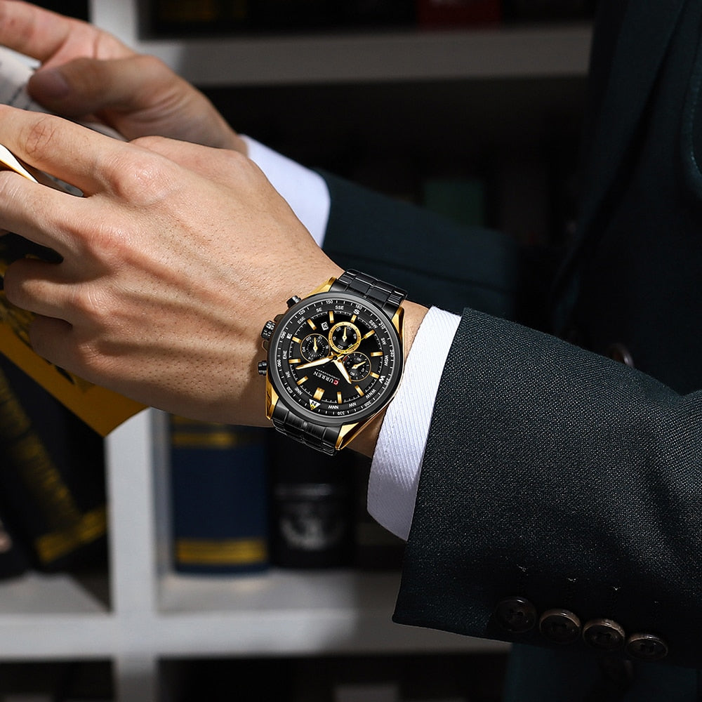 CURREN Men Quartz Wristwatches Luxury Brand Sporty Chronograph Watches with 316 Stainless Steel Luminous Hands Male Clock Black - Montres Curren Paris©