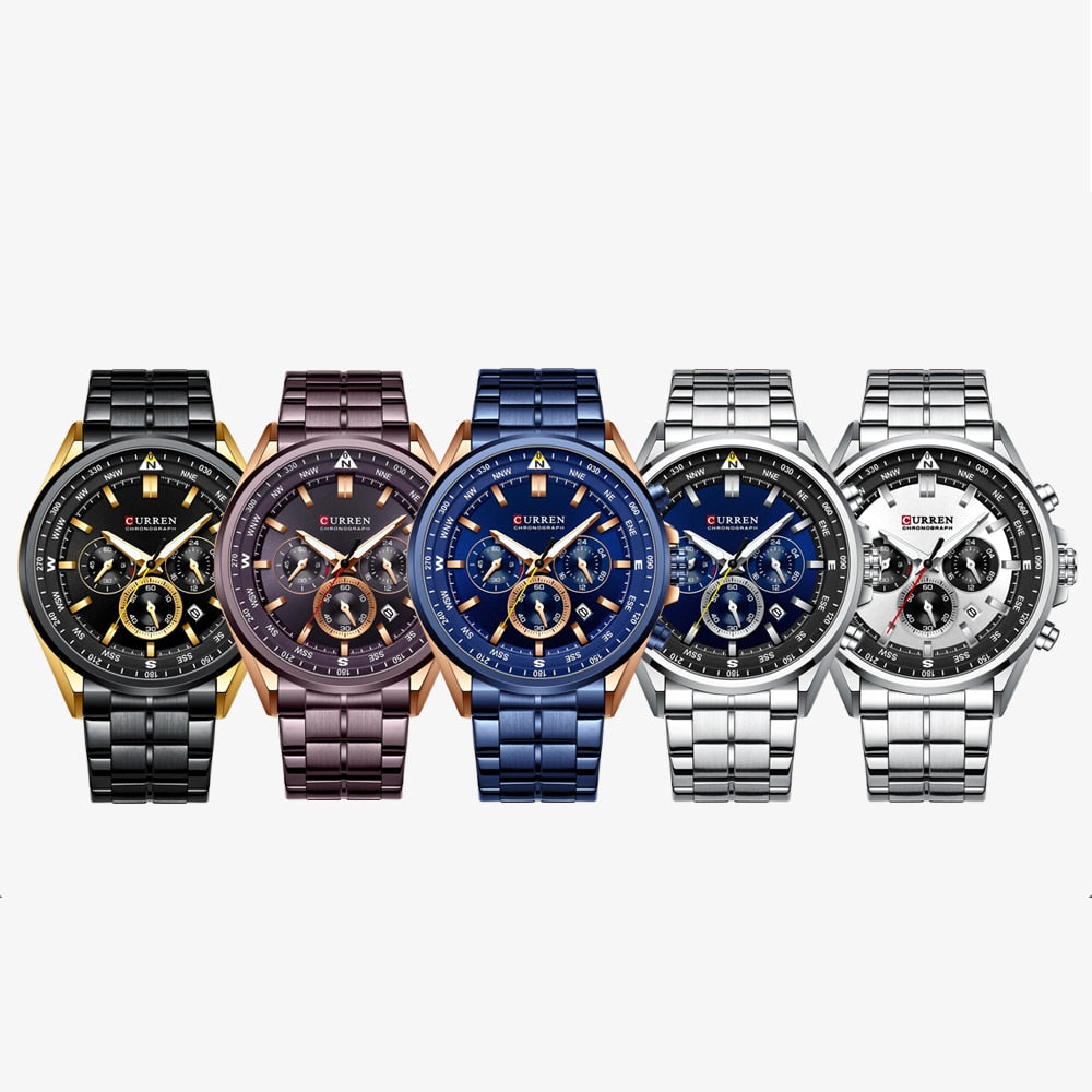 CURREN Men Quartz Wristwatches Luxury Brand Sporty Chronograph Watches with 316 Stainless Steel Luminous Hands Male Clock Black - Montres Curren Paris©