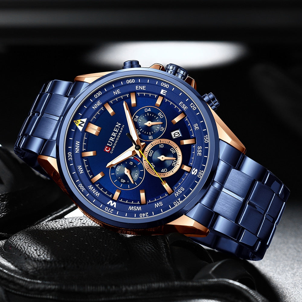 CURREN Men Quartz Wristwatches Luxury Brand Sporty Chronograph Watches with 316 Stainless Steel Luminous Hands Male Clock Black - Montres Curren Paris©