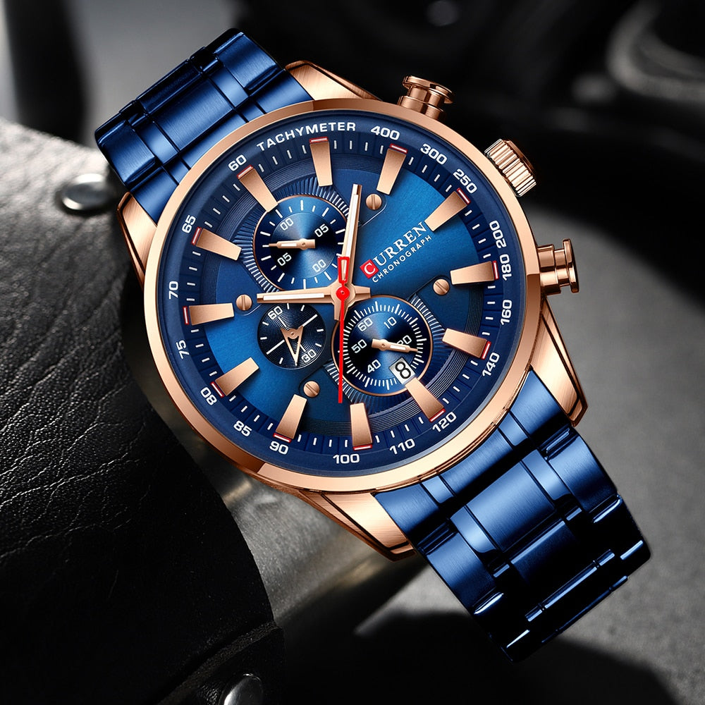 CURREN Man Watches Luxury Sporty Chronograph Wristwatches for Men Quartz Stainless Steel Band Clock Luminous Hands - Montres Curren Paris©