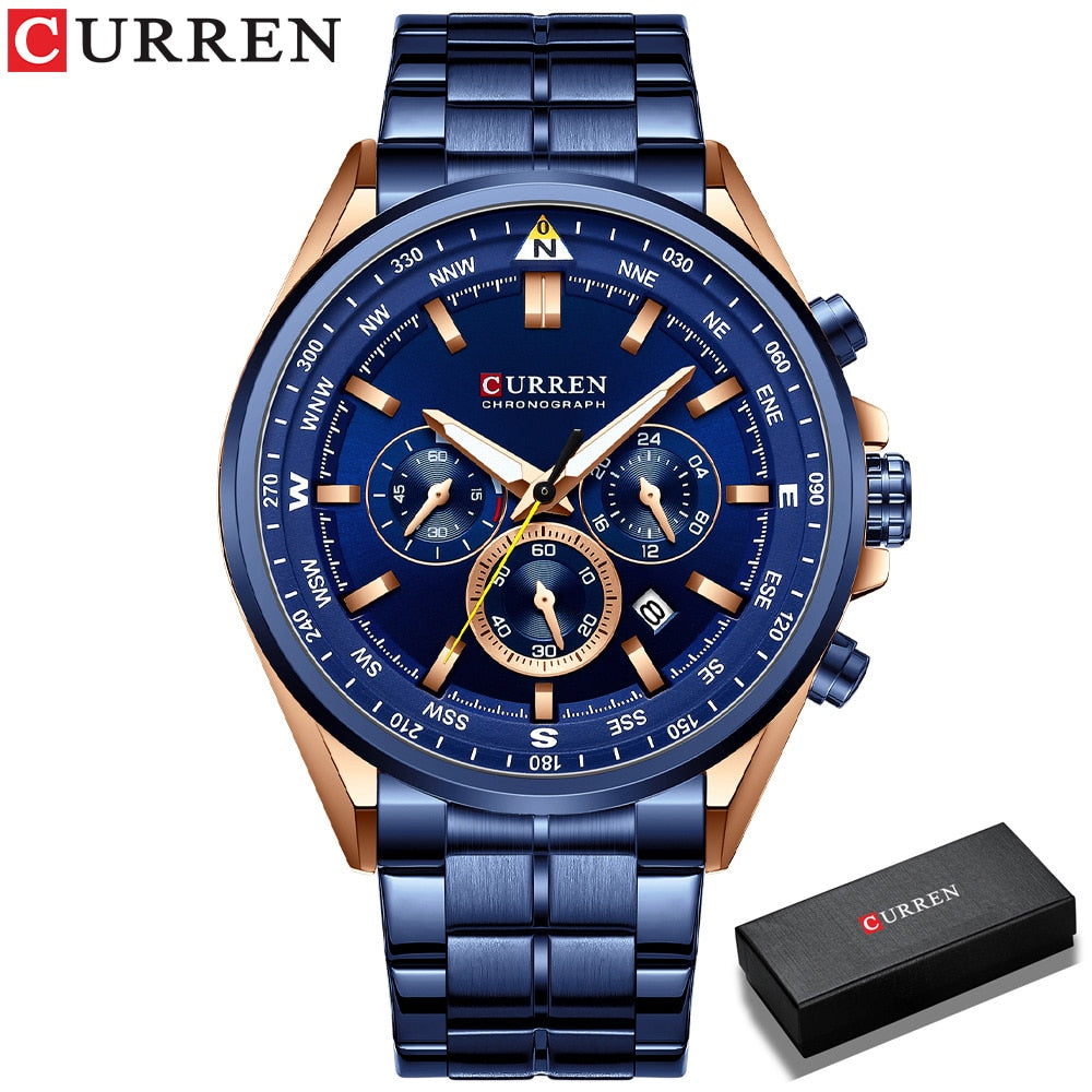 CURREN Men Quartz Wristwatches Luxury Brand Sporty Chronograph Watches with 316 Stainless Steel Luminous Hands Male Clock Black - Montres Curren Paris©